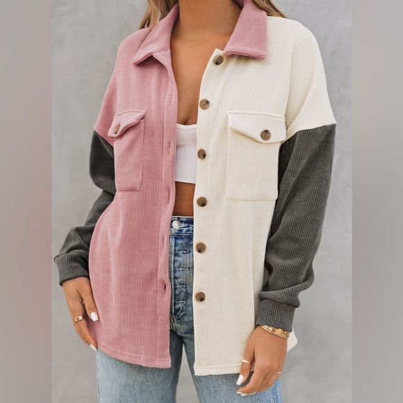 Jackets & Blazers - *Last One* Pink/Ivory/Gray Soft Corduroy Feel Ribbed Button Down Shacket, M